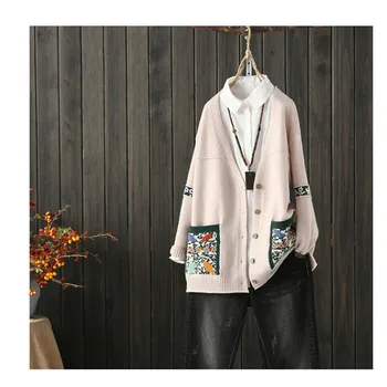 

2020 Spring new cardigan tops open stitch single-breasted long-sleeved knitted loose sweater cotton print full coat