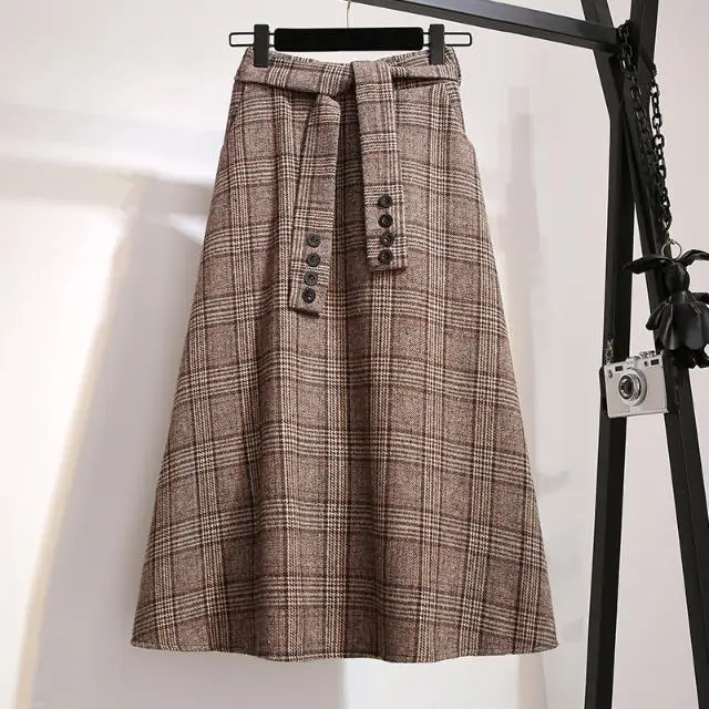 khaki skirts Woherb шерстяные клетчатые трапециевидные юбки в винтажном стиле, высокий Повседневный поясной ремень, свободные юбки для женщин, модные толстые корейские новые Faldas Mujer 91262 - Цвет: khaki skirts