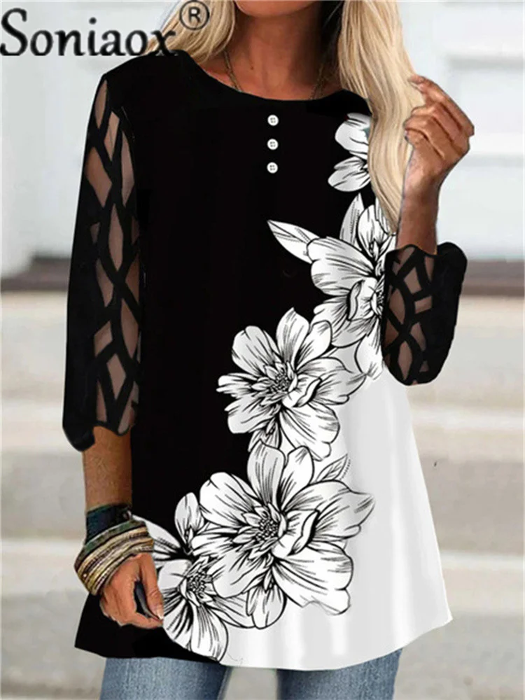 

2021 Fashion Floral Printed Lace 3/4 Sleeve Hollow Out Sexy Blouse Women Autumn O-Neck Buttons Tops Ladies Casual Loose T-Shirts