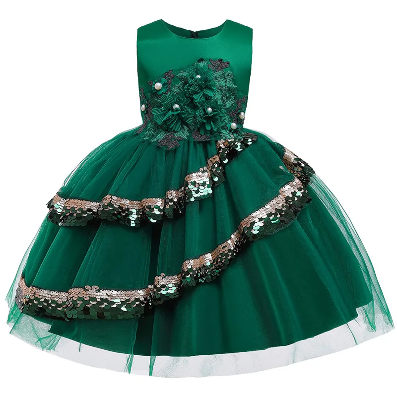 Детские Платья с цветочным узором для девочек; кружевное платье-пачка со стразами; элегантное праздничное платье принцессы на свадьбу и Рождество; Одежда для девочек - Цвет: green