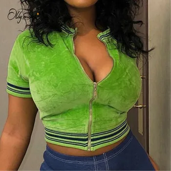 

OllyMurs Fashion Style Front Zipper Women Crop Tops Solid Green Female Short Sleeves Women Clothes Ladies Tight Party Club Tops