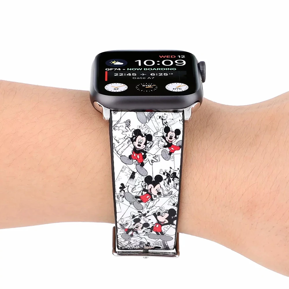 UEBN кожаный ремешок для наручных часов Apple Watch серии 1/2/3/4 ремень с Микки-Маусом Мышь «Минни Маус» с принтом в виде персонажей из мультфильма для наручных часов iWatch, 44 мм 40 мм, 38 мм, 42 мм, ремешок для часов