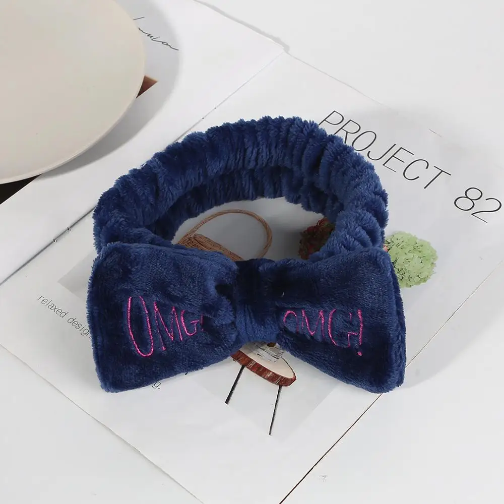 Dark Blue Новая мода смешанные цвета OMG буквы коралловый флис мыть лицо ободок с бантиком для женщин девочек эластичные повязки на голову аксессуары для волос в виде тюрбана - Цвет: Dark Blue