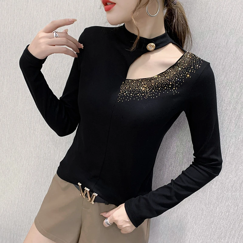 

#7951 Black Basic T Shirt Women Hollow Out Diamonds Sexy Long Sleeve T Shirt Cotton Slim Tight Top Female Fashion Split Joint