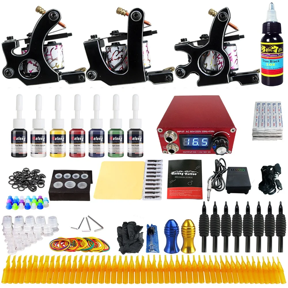 

Solong Tattoo Complete Professional 3 Tattoo Machine Guns Set Tattoo Kit 7 Inks Power Supply Needle Grips Power Supply TK352