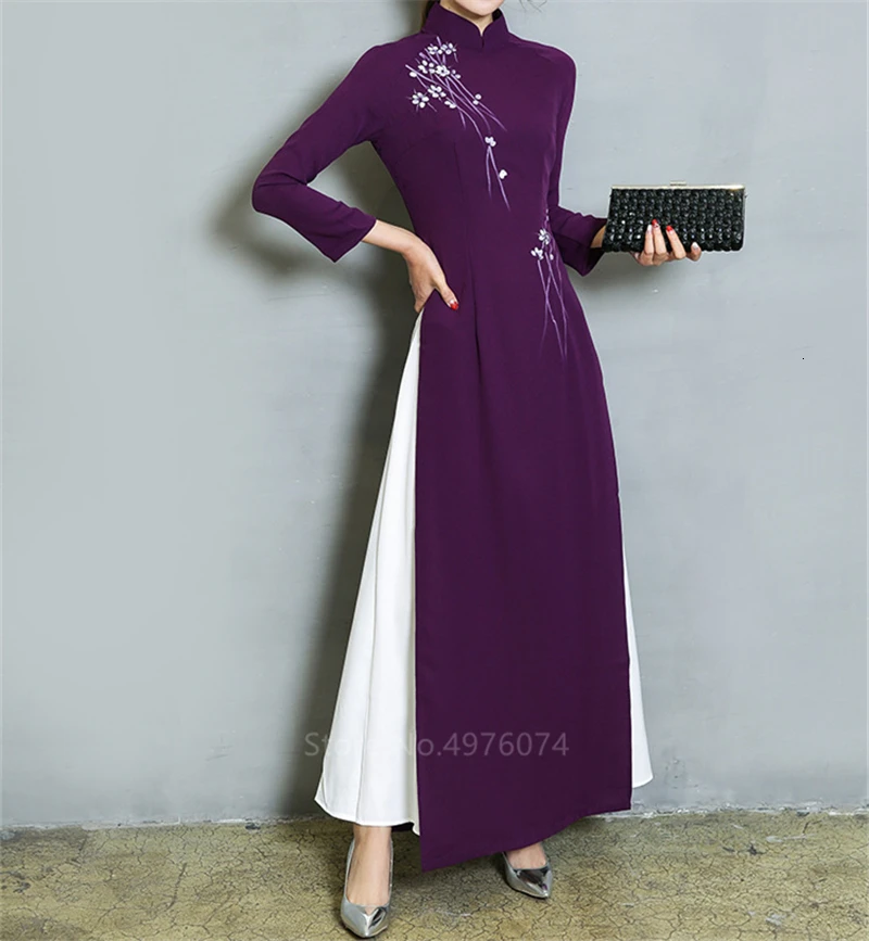 Purple Новинка, вьетнамские халаты в народном стиле, шифоновое платье Aodai, изящное платье со стоячим воротником, элегантная традиционная одежда с цветочным рисунком, Cheongsam - Цвет: Purple