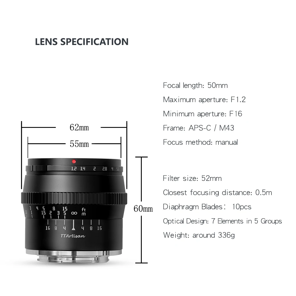 TTArtisan 50mm F1.2 APS-C Large Aperture Manual Focus Fixed Focus Lens for Sony E Fujifilm M4/3 Canon M Nikon Z L Mount Cameras