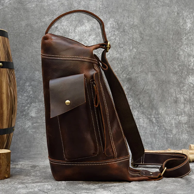 Men's Genuine Leather Backpack Crazy Horse Leather Daypack Travel Bag Male Laptop Bagpack Unique Bagpack Man Chest Bag