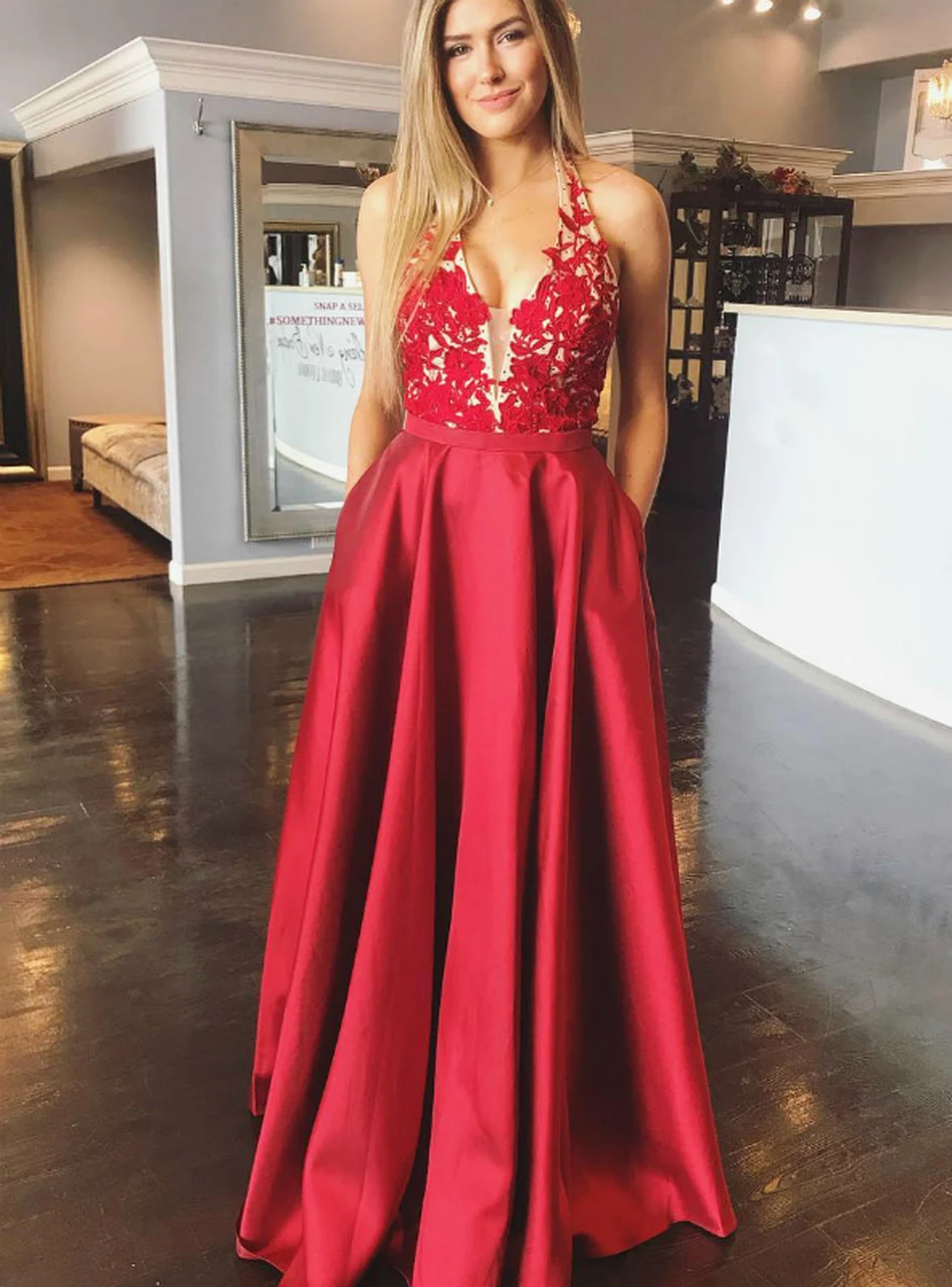 VKbridal красное сатиновое платье для выпускного вечера платья с карманами платье А-силуэта на бретельках с глубоким вырезом и аппликацией с низким вырезом на спине и длинными vestido De formatura
