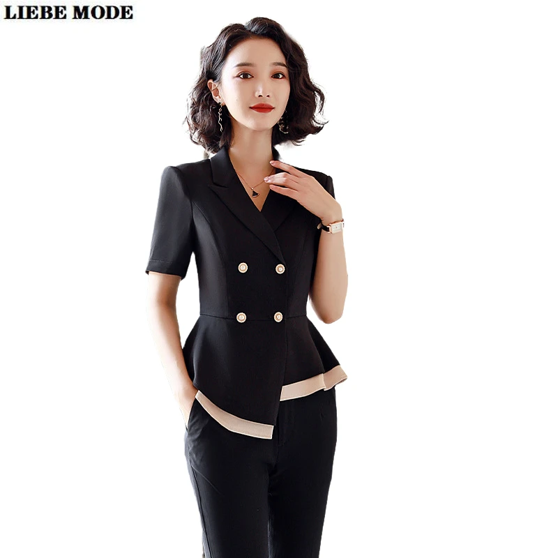 2020 New Summer Womens Fashion Formal Work Wear Pant Suit Female Short Sleeved Blazer Trouser Black White 2 Piece Set Clothes