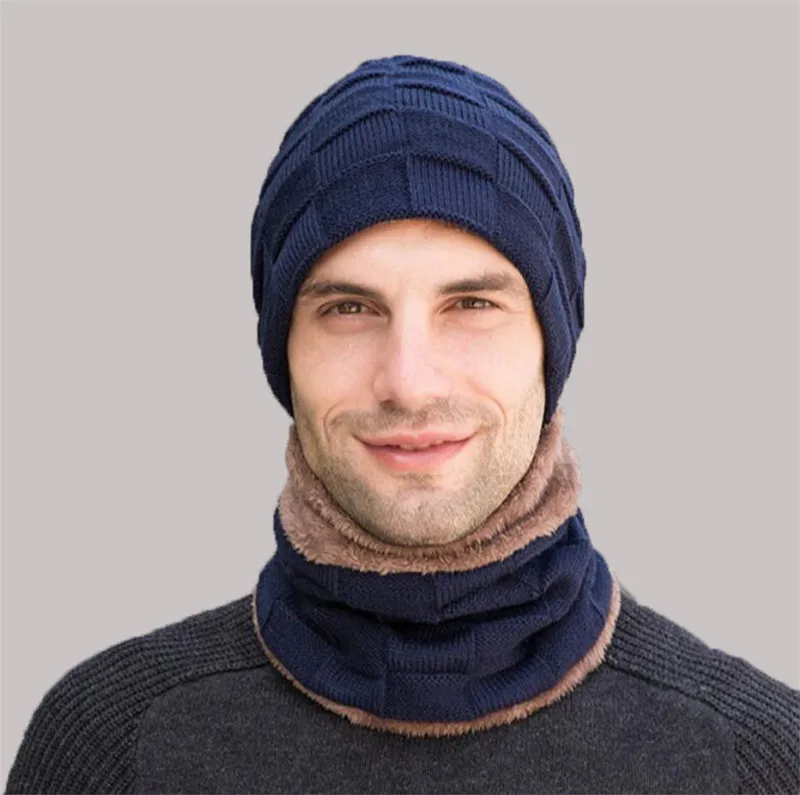Зимняя шапка, шарф, перчатки для мужчин, набор из 3 предметов,, Мужская Уличная теплая вязаная плюшевая шапка, шарфы и перчатки для сенсорного экрана, мужские аксессуары