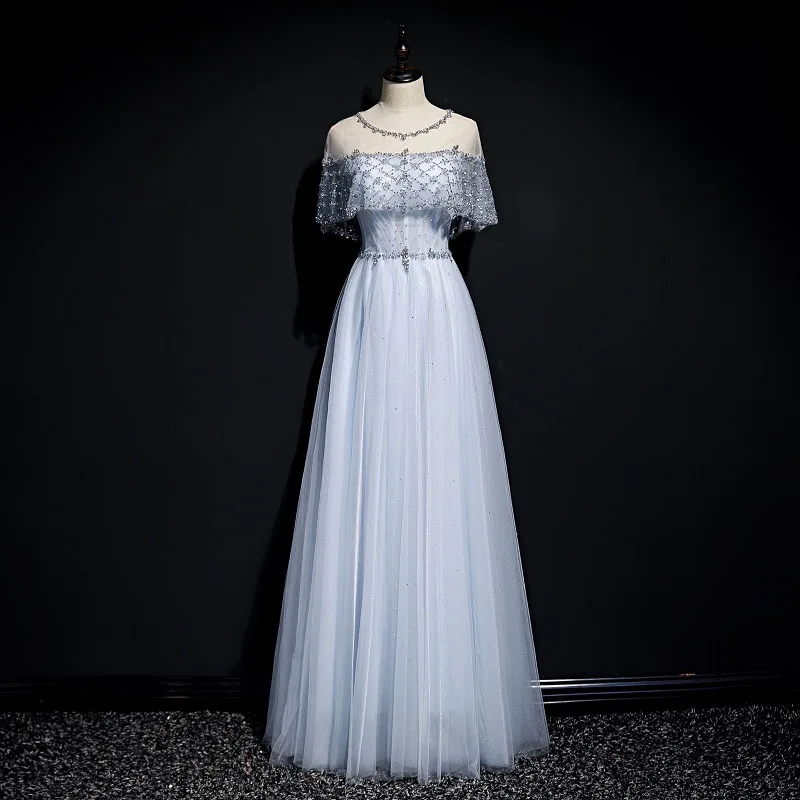 

Evening Dress Sequins Elegant Ruffles Short Sleeves Floor-Length Simple A-Line Tulle Sky Blue Party Formal Dresses Woman B1272