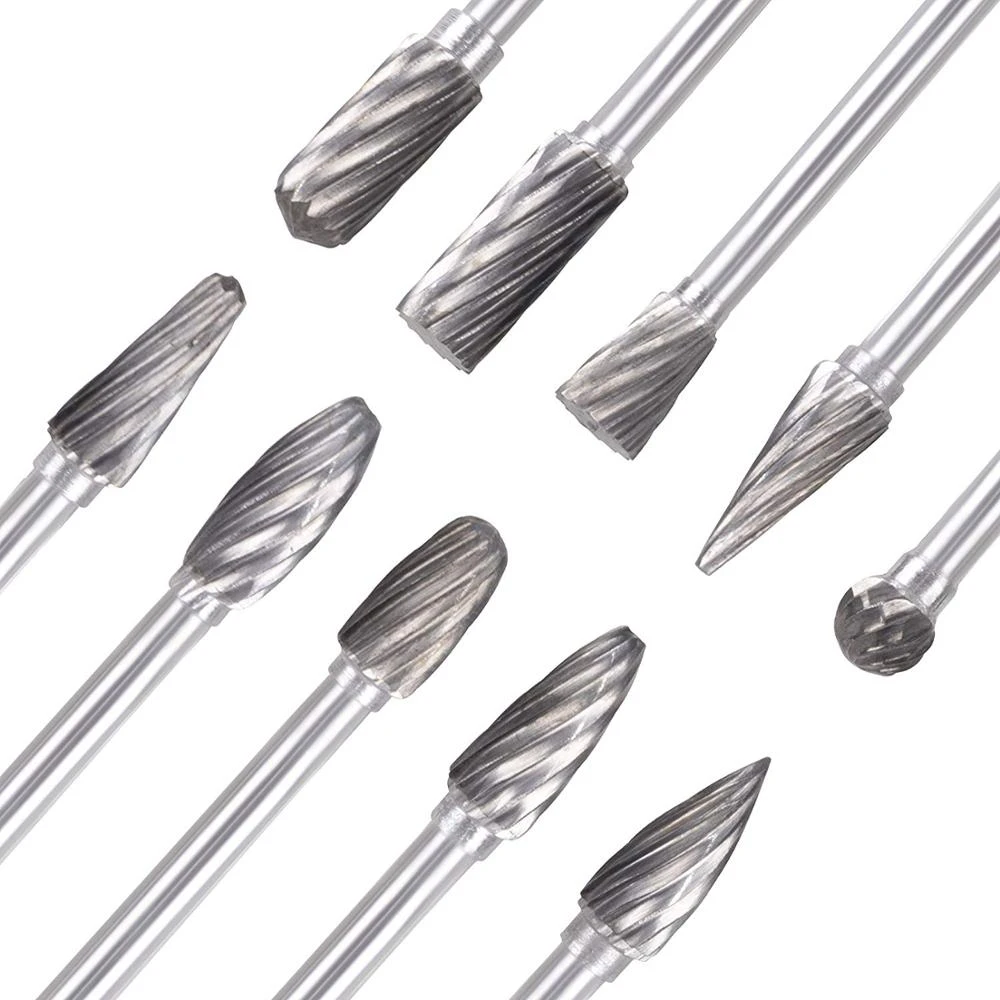 Geesatis Set of 10 Carbide Rotary Burr Files Set Double Cut Solid Electric Grinding Accessories Grinder Drill Rotary Tool 1/4 Inch Shank Fits 