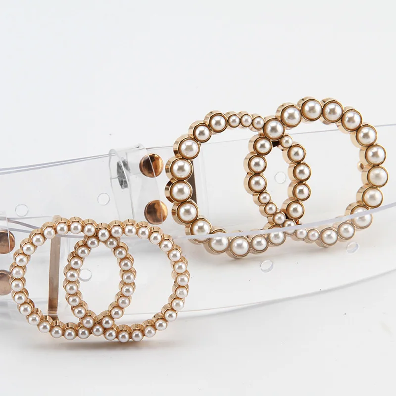 

New Design Clear PVC Thin Belt Luxury Big Small Pearl Buckle Waist Strap Decorative Casual Women Trouser Jeans Dress Waistband