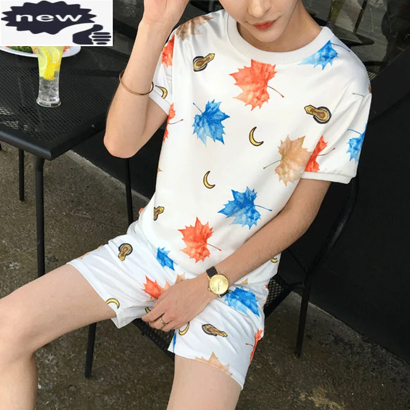 

Summer Short Sleeve Round Neck Print Floral Sets For Men Korean Slim Fit Casula Trousers Set Fashion Male Clothing
