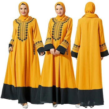 

Dubai Yellow Embroidery Long Sleeve Arab Dress Islamic Abaya Muslim Women Loose Kaftan Jilbab Robe Turkish Qatar Gown Fashion
