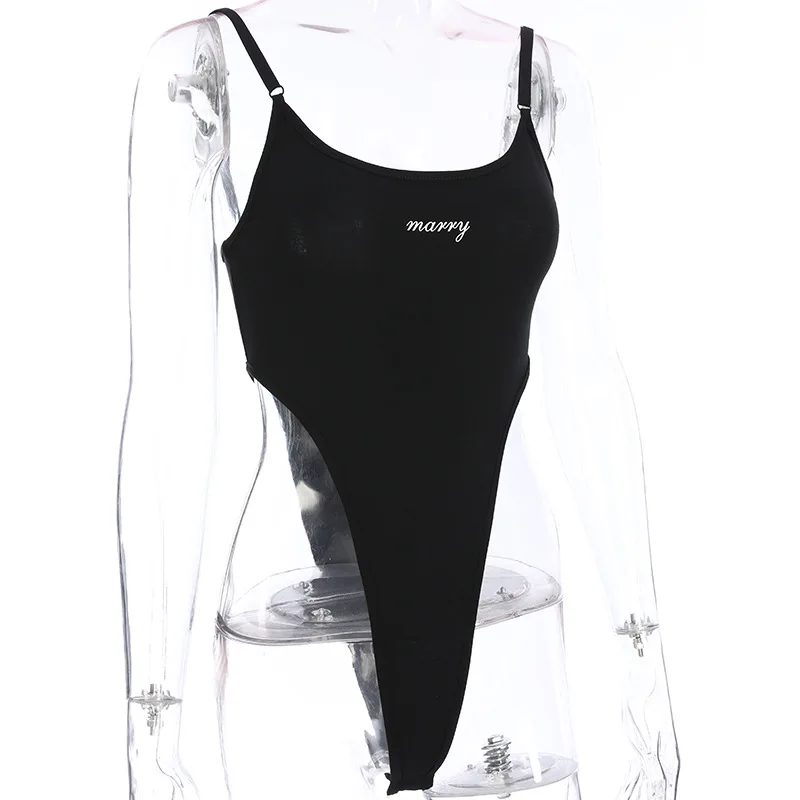 Cotton high cut summer hot sale bodysuits good quality letter print spaghetti strap black bodysuit women 2020 body jumpsuits