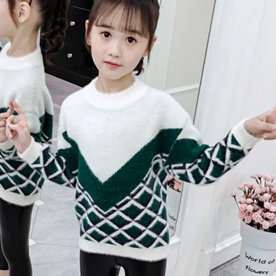 

Girl Sweater Knitted Pullover Children's Sweater Patchwork Velvet Sweater Girl Fall Casual Winter Warm Child's Clothing For Gir