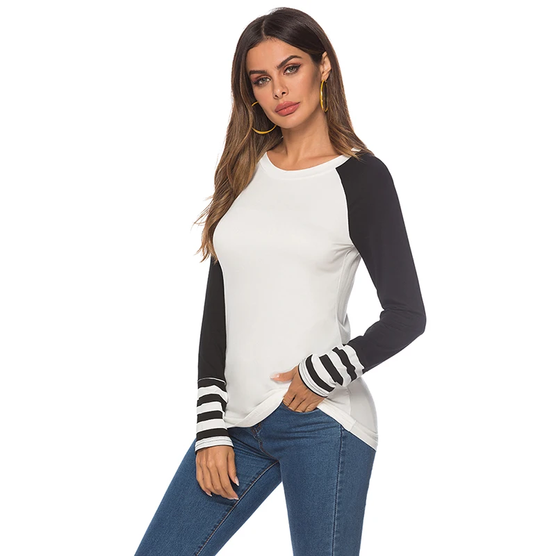 

Basic T Shirt Women Contrast Stitching Cuff Stripe Long Sleeve Womens Tops 2020 Spring Autumn Tee Shirt Ladies Korean Style T-Sh