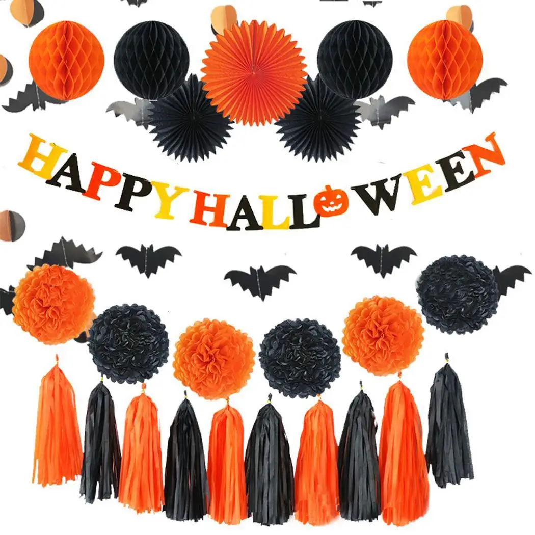 Halloween Honeycomb Paper Ball Letter Banner Set Party Supplies Decoration Black Orange Props