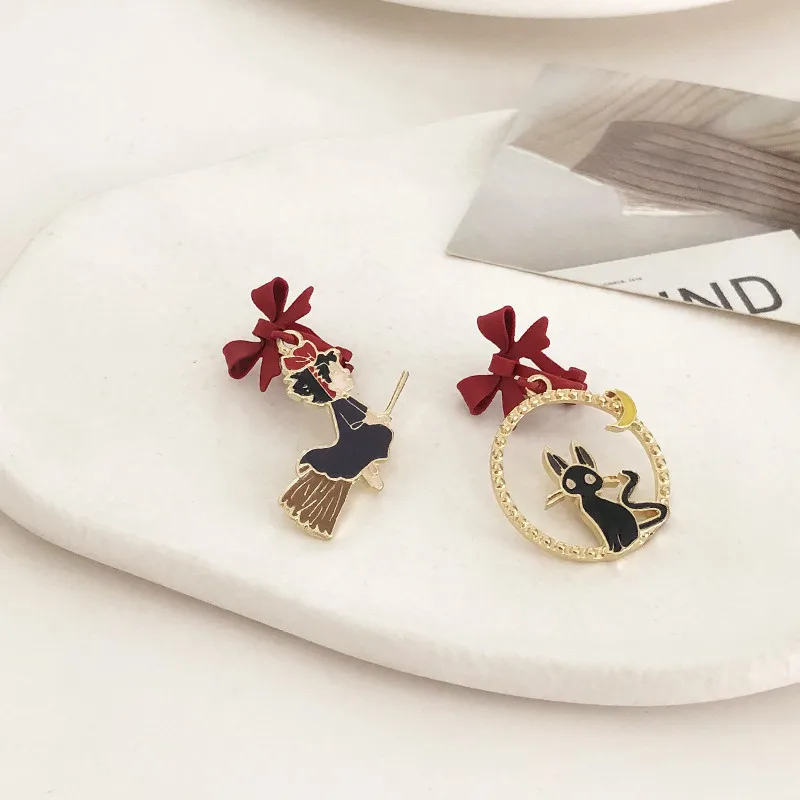 Japanese Witch Black Cat Clip on Earrings No Piercing Funny Cartoon Bow Cat Clip Earrings Without Pierced Ears for Women Girls 6