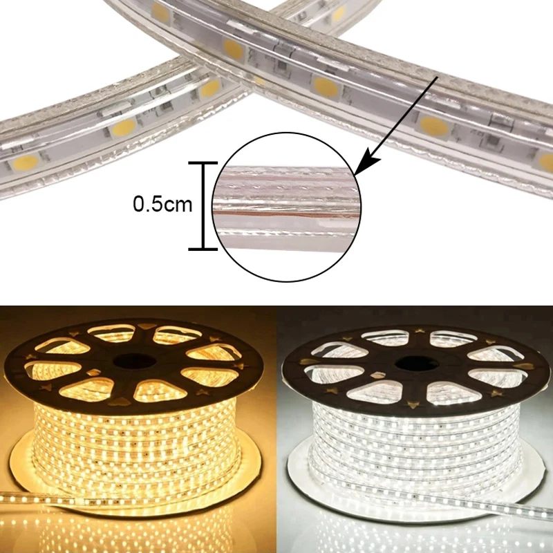 50 м/рулон 5050 Светодиодная лента гибкий светильник 60 светодиодов/м IP67 водонепроницаемый светильник в полоску s с вилкой Рождественская наружная декоративная лента лампа AC 220 В