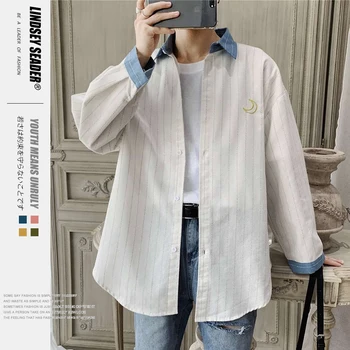 

Men's Shirt Vintage Striped False Two Pieces White Casual Longsleeve Shirts Harajuku Thin Loose Streetwear Shirts