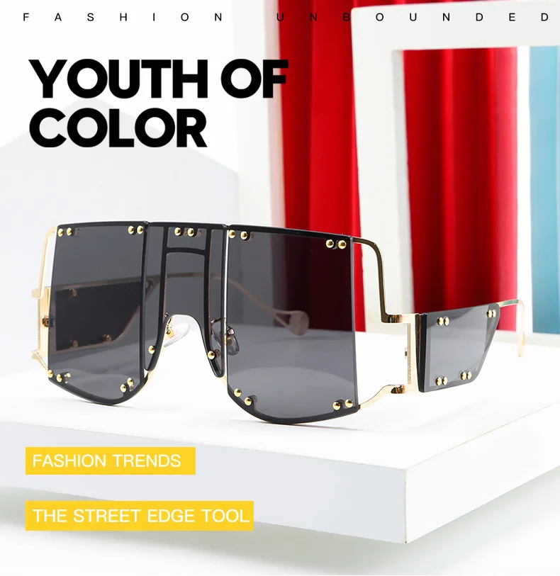 Новые модные роскошные брендовые дизайнерские Квадратные Солнцезащитные очки для женщин и мужчин, негабаритные очки с металлическими заклепками, уникальный щит, крутые солнцезащитные очки