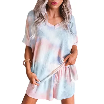 

Loose Sweet Summer Tie Dye Printed Soft Home Short Sleeve Sleepwear Shirt Shorts Lounge Women Pajamas Set V Neck Nightdress