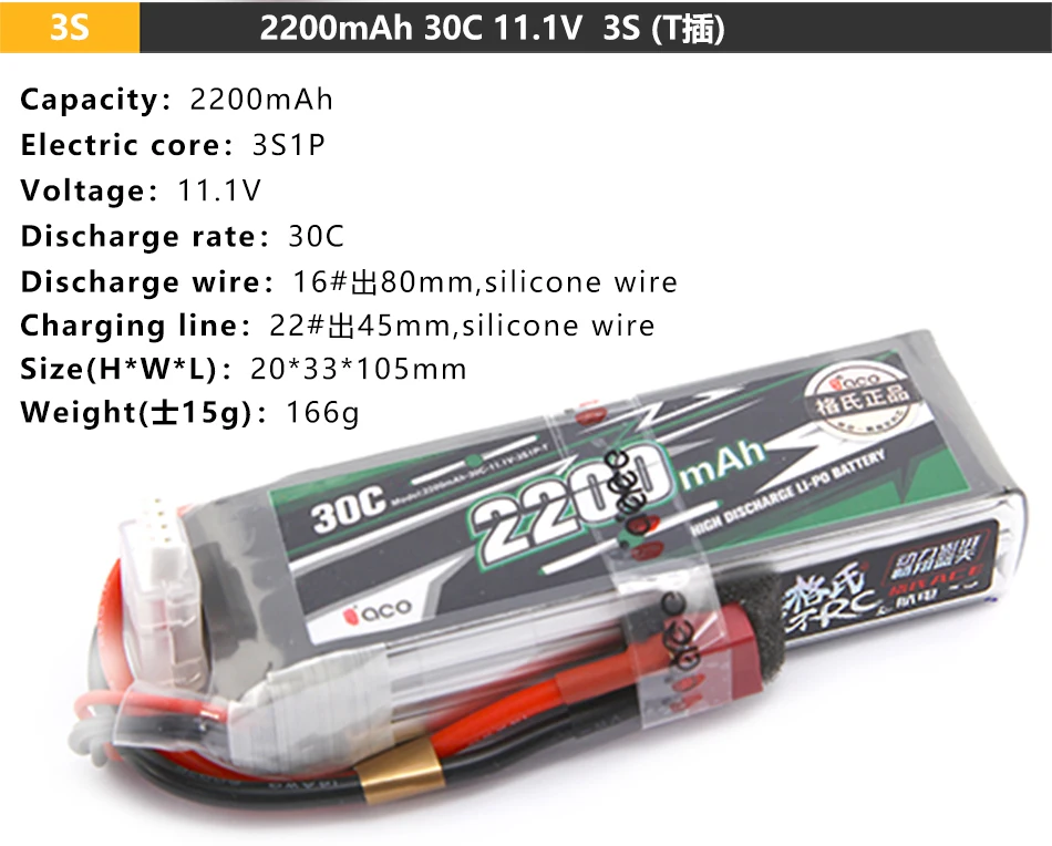 Capacity: 2200mAh 30C 11.1V 3S (Tldi