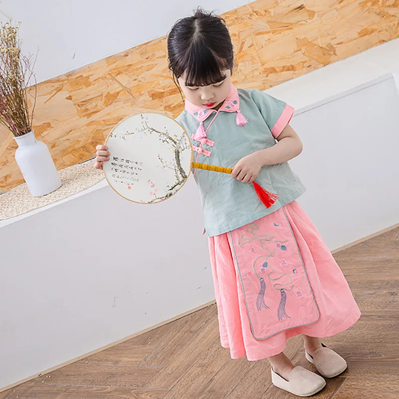 Древний китайский костюм Летнее Детское традиционное платье с вышивкой Hanfu Tang для девочек детские топы с короткими рукавами+ платье, комплект из 2 предметов