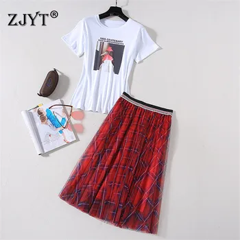 

High Street Fashion Summer 2Piece Set Women 2020 Elegant Lady Outfits Short Sleeve Letters Print T Shirt Plaid Mesh Skirt Sets