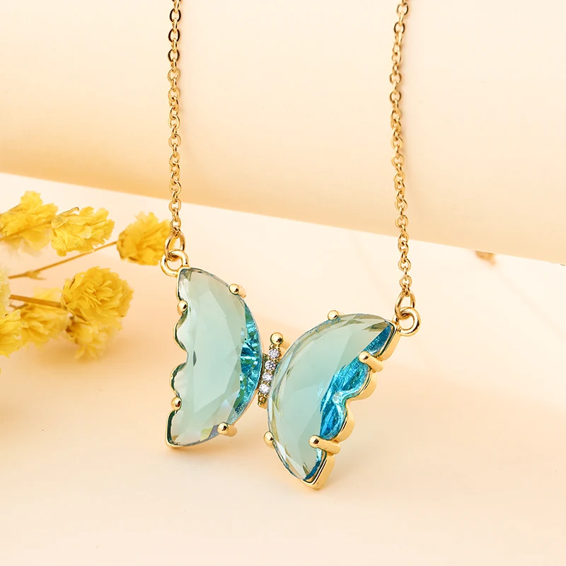 Fashion Stainless Steel Six Colors Crystal Butterfly Pendant Necklace For Women Glamour Female Color Butterfly Necklace Jewelry