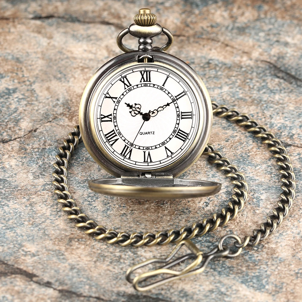 Bronze Carving Wreath Quartz Pocket Watch Pendant Fob Chain Roman Numerals Antique Clock Hours Men Women Xmas Gifts Reloj Hombre