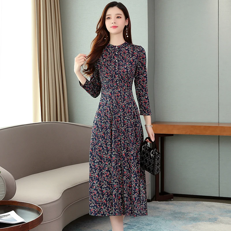 Autumn Women Blue Slim Print Floral Dress Pocket Plus Size 4XL Elegant Lady Dress Spring Long Sleeve Button Blue Korean Dresses