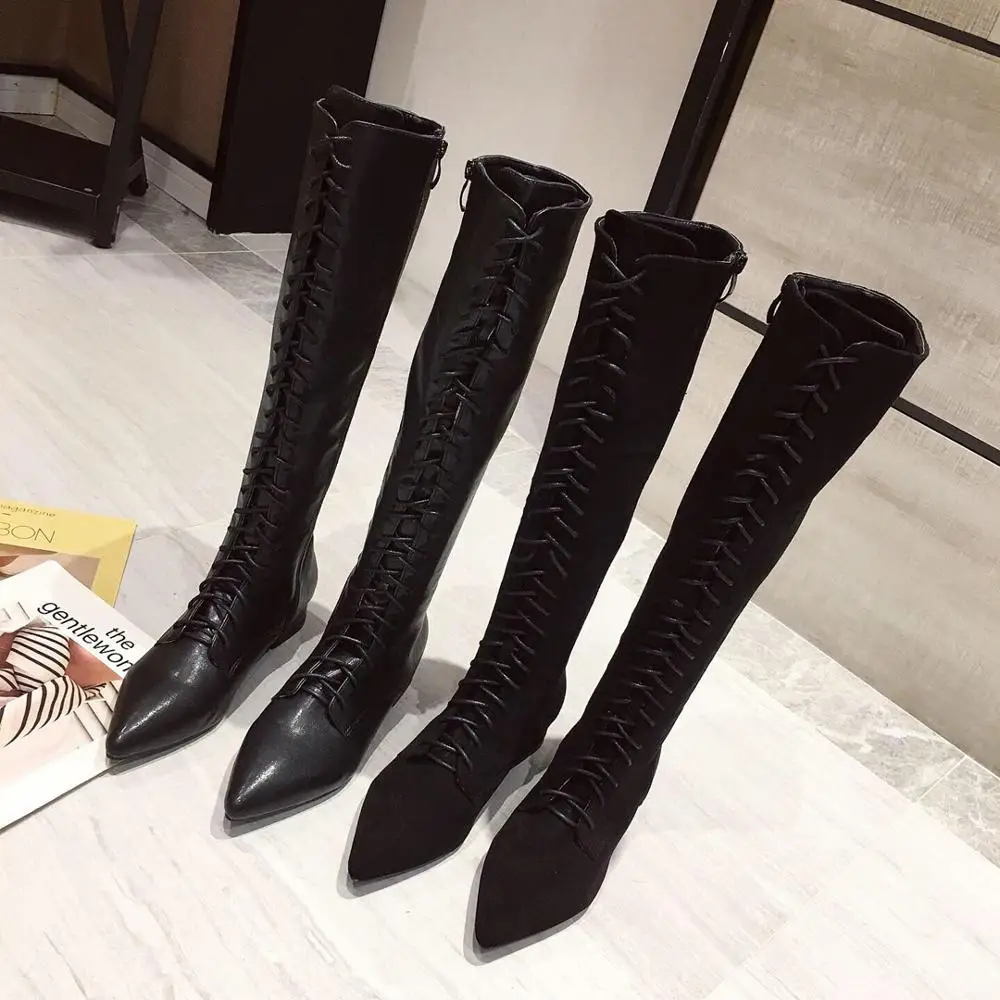 

Women's Winter High Boots Pointe Shoes Low Heels booties Luxury Designer Lace Up Bootee Woman 2019 Over-the-knee Pointy Autumn