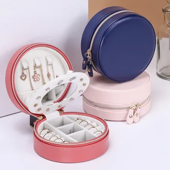 

Portable Earring Storage Carrying Case Round Jewelry Box Travel Zipper PU Leather Jewellery Packaging Display Organizer Gift Box