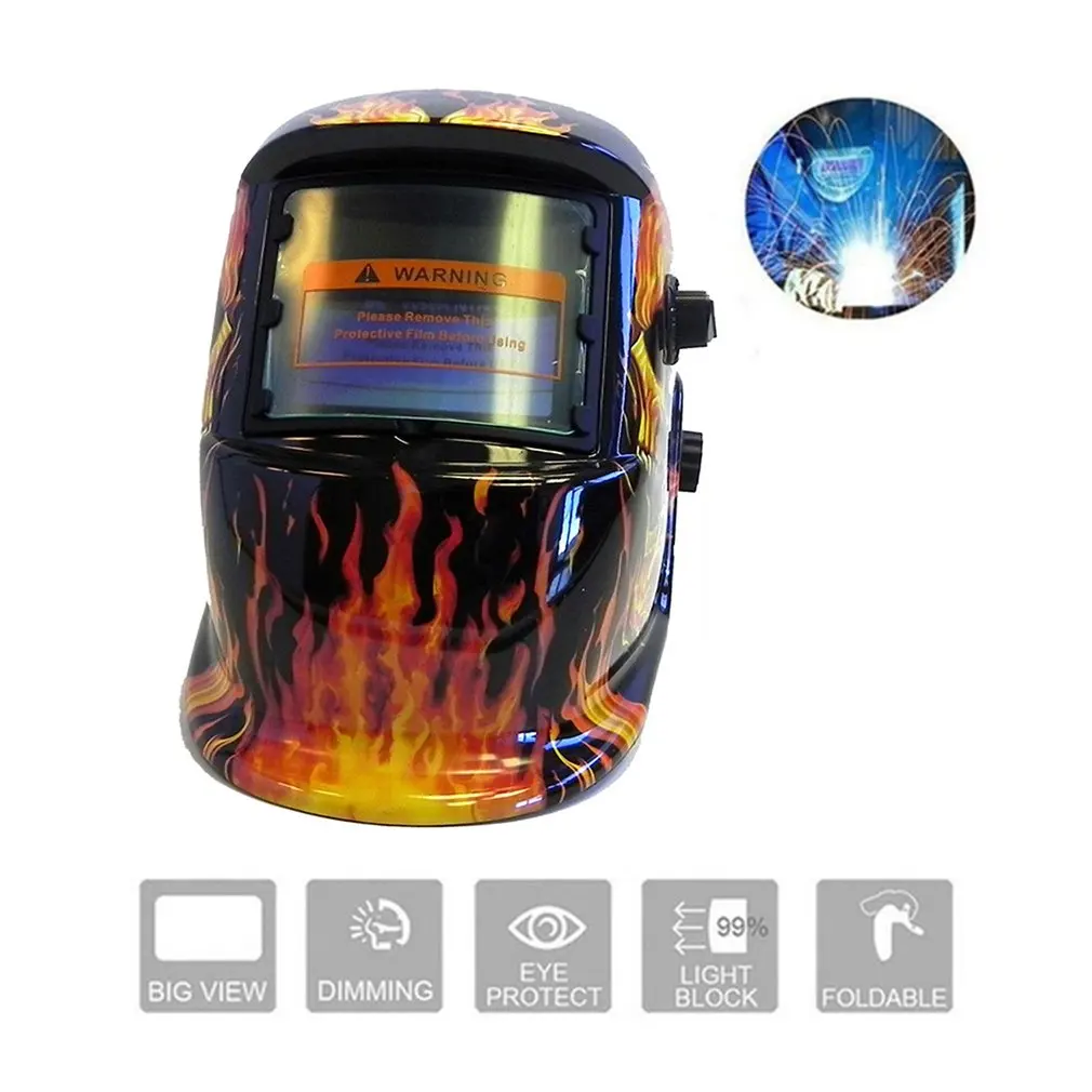 Welding Mask Solar Automatic View Darkening Adjustable Wearing Welding Helmet with Sticker Hell Fire for Welding Machine