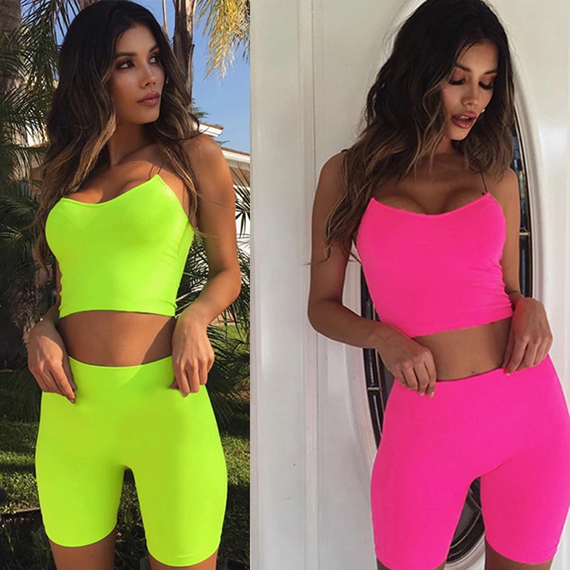 2021 Summer Women Neon Color Two Pieces Set Off Shoulder Hollow Out Crop Top Elastic High Waist Shorts Outfit Tracksuit