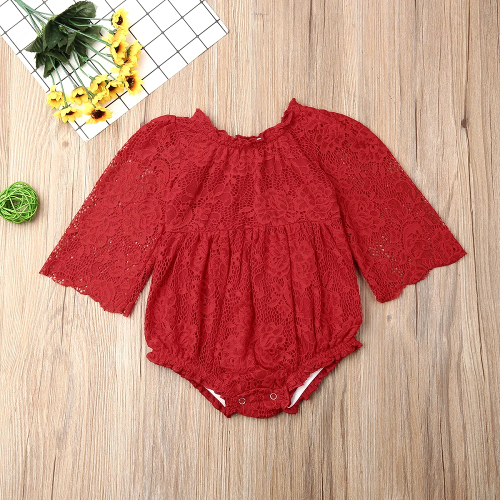 Christmas Newborn Baby Girl Clothes Long Sleeve Lace Red Romper One-Pieces O-neck Jumper Outfit