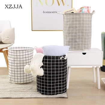 

XZJJA Foldable Cotton Linen Waterproof Storage Basket Home Laundry Basket Portable Dirty Clothes Toys Organizer Basket