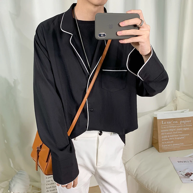 

2019 Spring And Autumn New Korean Version Of The Loose Large Size Solid Color Men's Long-sleeved Shirt Black White / Navy Blue