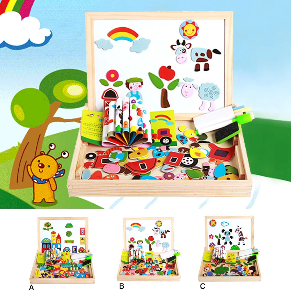 Portable Cartoon Kid Magnetism Jigsaw Drawing Board Puzzl Set Double-face Wooden Box Development Educational Toy Christmas Gifts 80 90mm aluminium alloy bga reballing station bga reball kit magnetism lock bga stencils solder balls gifts