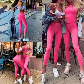 

Womens Long Leggings Basic Full Ankle Length Stretch Cotton Span High Rise Waist Trouser Fitness Legging Fluorescence Pink Color