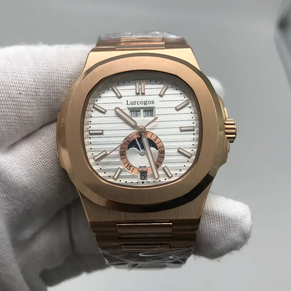 

Gold watch PP men white dial automatic Glide sooth second hand sapphire glass luminous small dial works watches AAA+