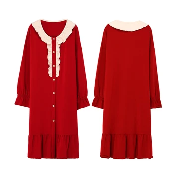 

2020 Long Full Cotton Nightgown Home Wear Lovely Red Nightgowns for Women Palace Retro Style New Womens Nightgown Sleepwear