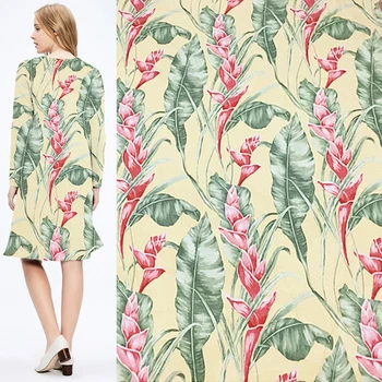 

Red floral and green leaves print pure silk spun silk fabric thick soft,SRS068