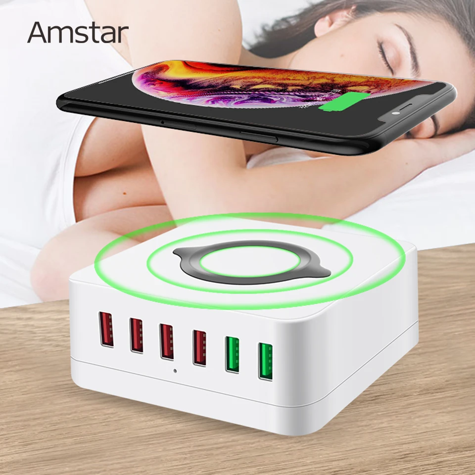  Amstar 72W USB Charger 10W Wireless Charger Quick Charge 3.0 6Port Fast Mobile Phone Charger for iP