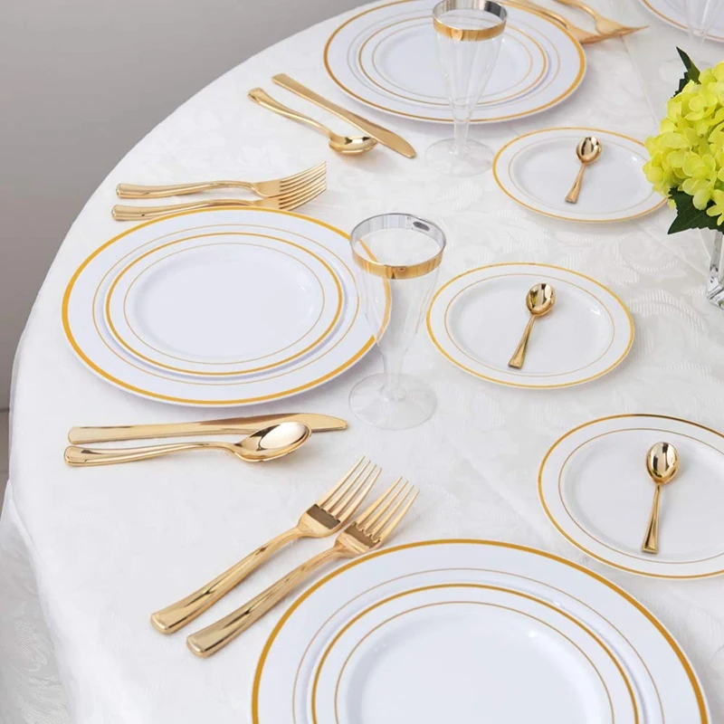 Gold Disposable Plates-Dessert/Appetizer Plates with Gold Rim Real China Look for Weddings, Parties,Catering,Birthday Parties