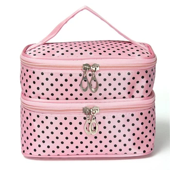 

Womens Fashion Dot Pattern Double Layer Makeup Bag(Pink)